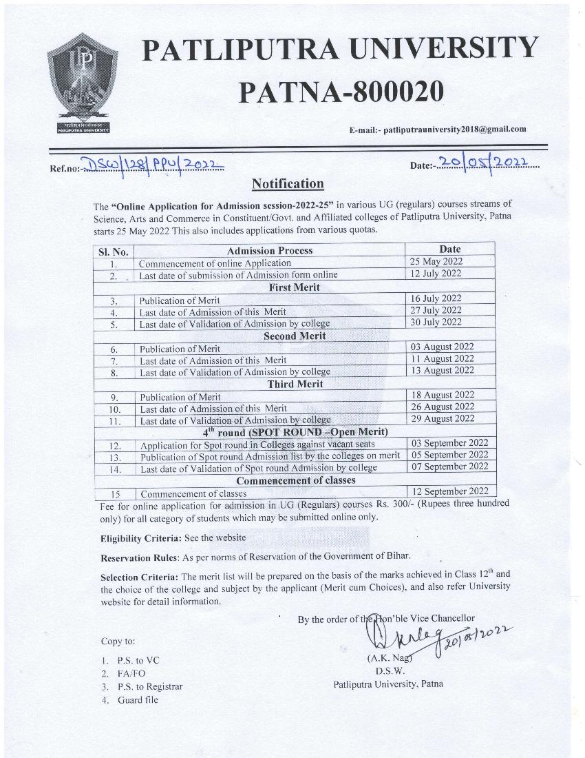 Patliputra University Admission 2022 UG Regular Notification - Page 1