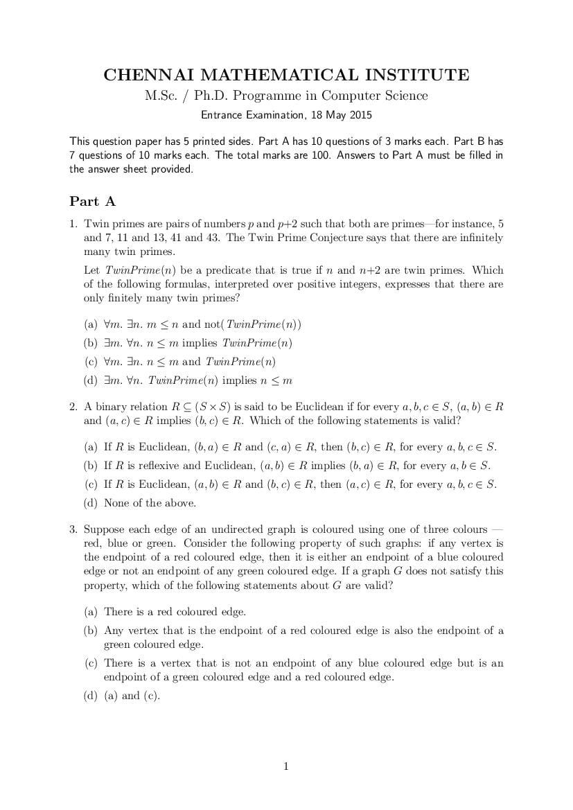 CMI Entrance Exam 2015 Question Paper for M.Sc or Ph.D in Computer Science - Page 1