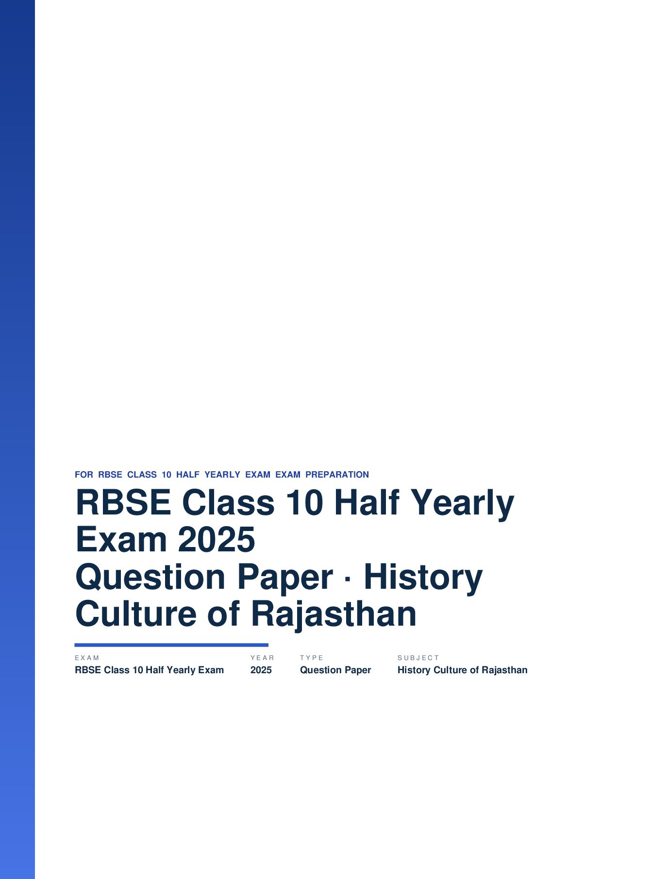 RBSE Class 10 Half Yearly Exam Question Paper 2025 History and Culture of Rajasthan - Page 1 of 5