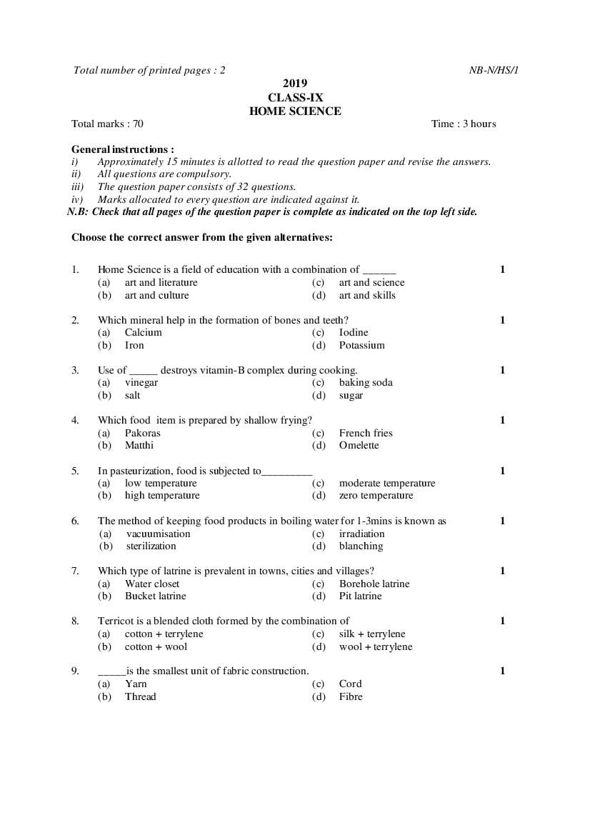 NBSE Class 9 Question Paper 2019 Home Science - Page 1