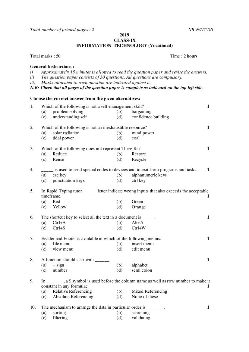 NBSE Class 9 Question Paper 2019 Information Technology - Page 1