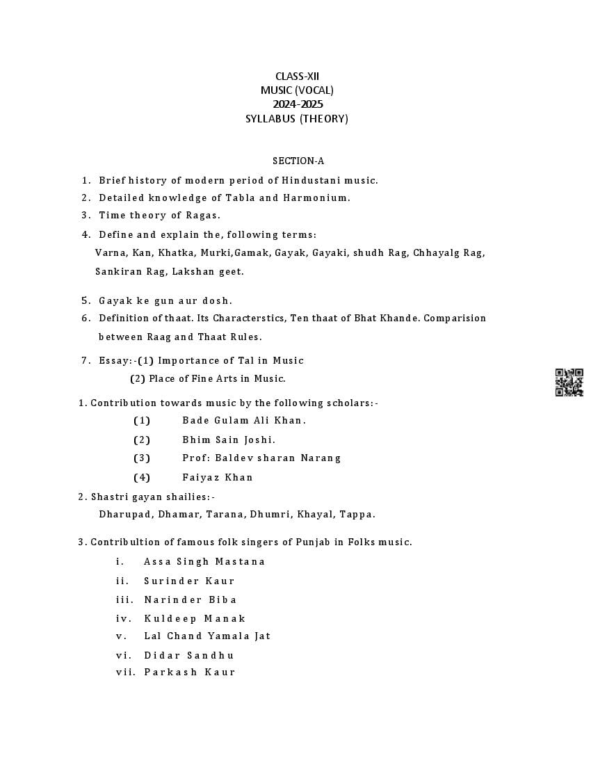 PSEB Class 12 Music Syllabus (PDF)