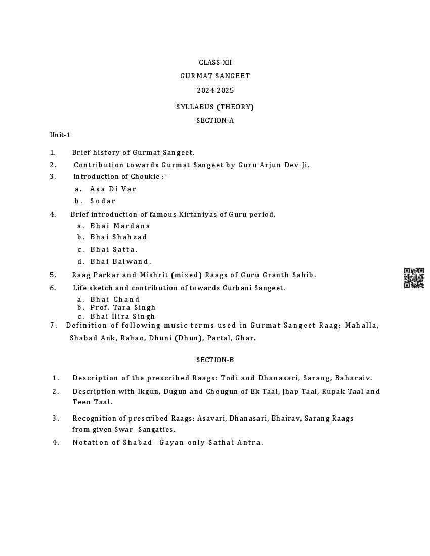 PSEB Class 12 Music Syllabus (PDF)