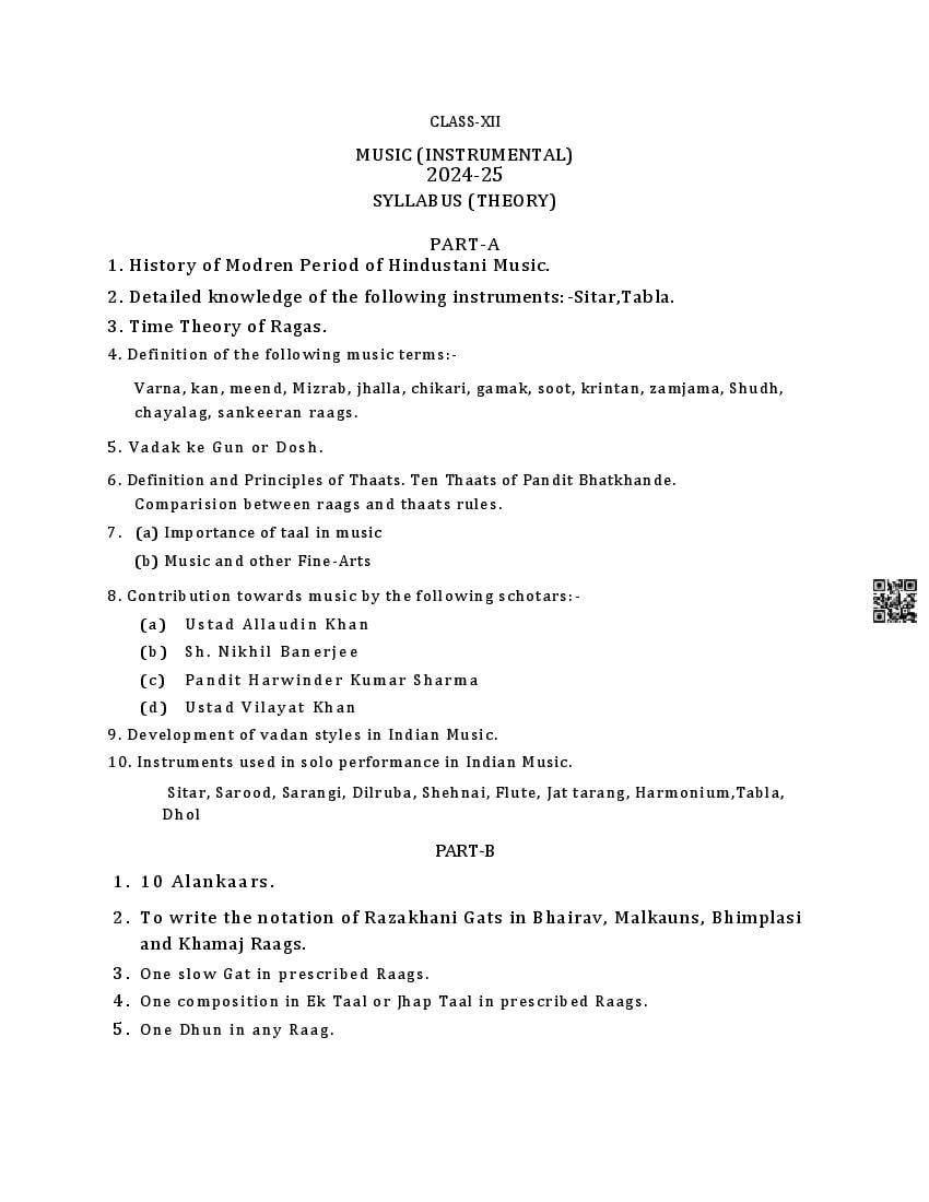 PSEB Class 12 Music Syllabus (PDF)