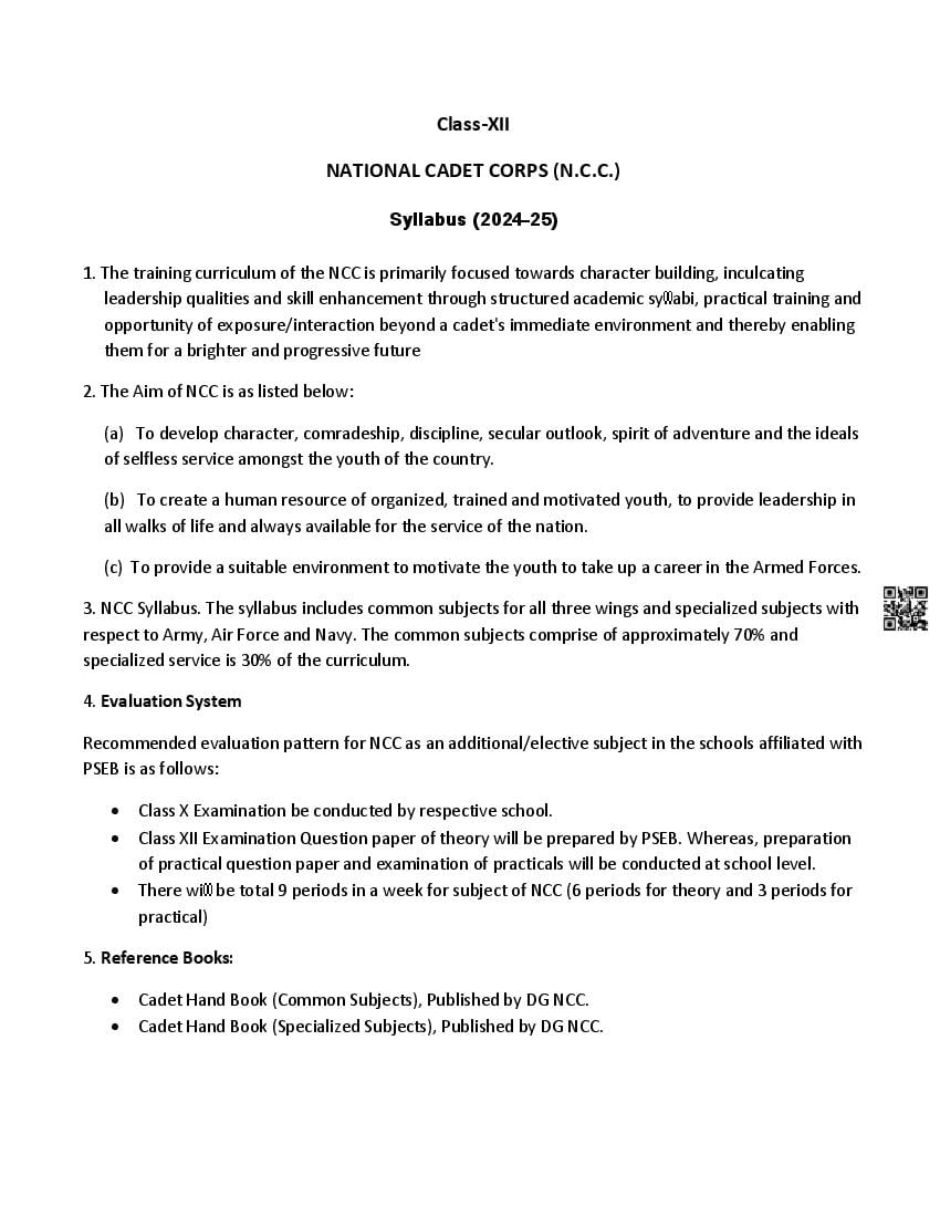 PSEB Class 12 NCC Syllabus (PDF)