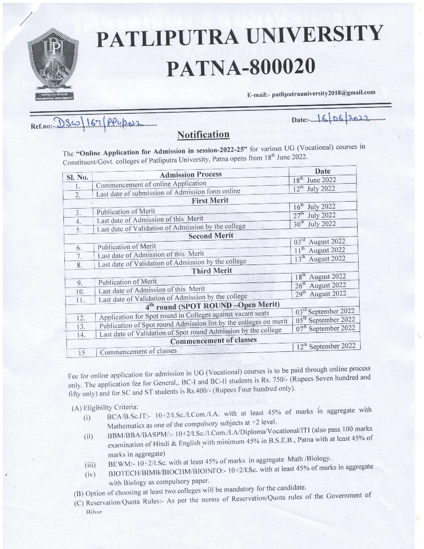 Patliputra University Admission 2022 UG Vocational Notification - Page 1