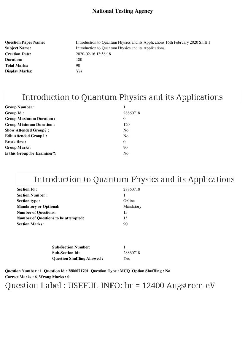ARPIT 2020 Question Paper for Introduction to Quantum Physics and its Applications - Page 1 of 9