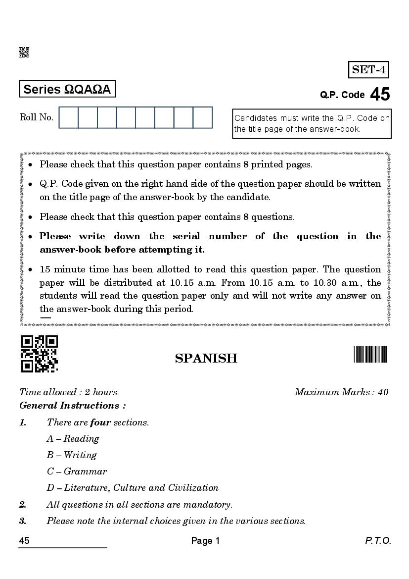 CBSE Class 10 Question Paper 2022 Spanish - Page 1