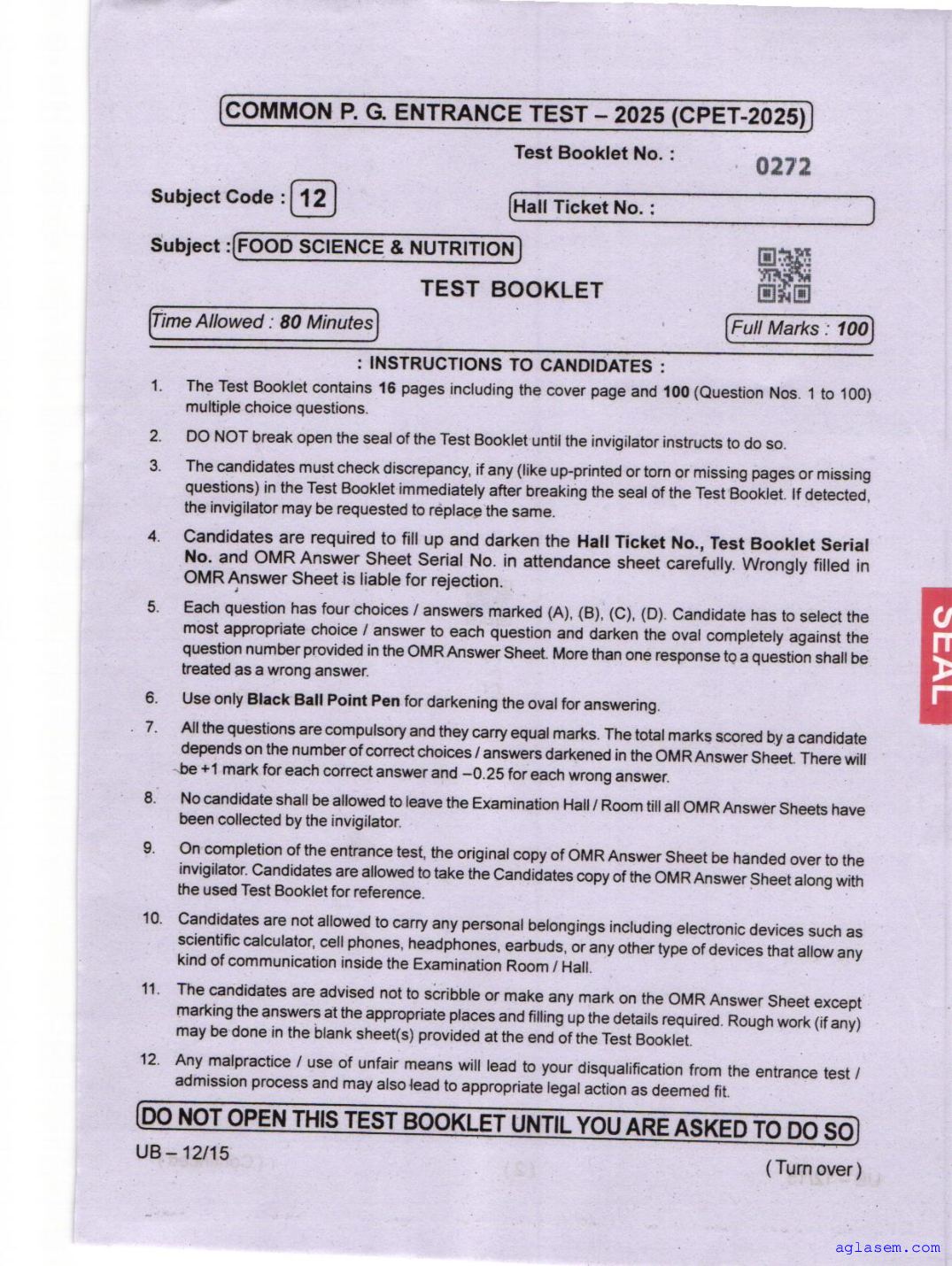 Odisha CPET 2025 Question Paper Food Science Nutrition - Page 1 of 16
