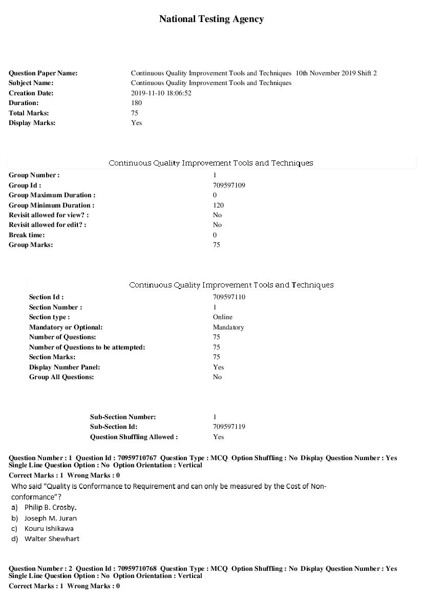 SWAYAM 2019 Question Paper Continuous Quality Improvement Tools and Techniques - Page 1 of 14