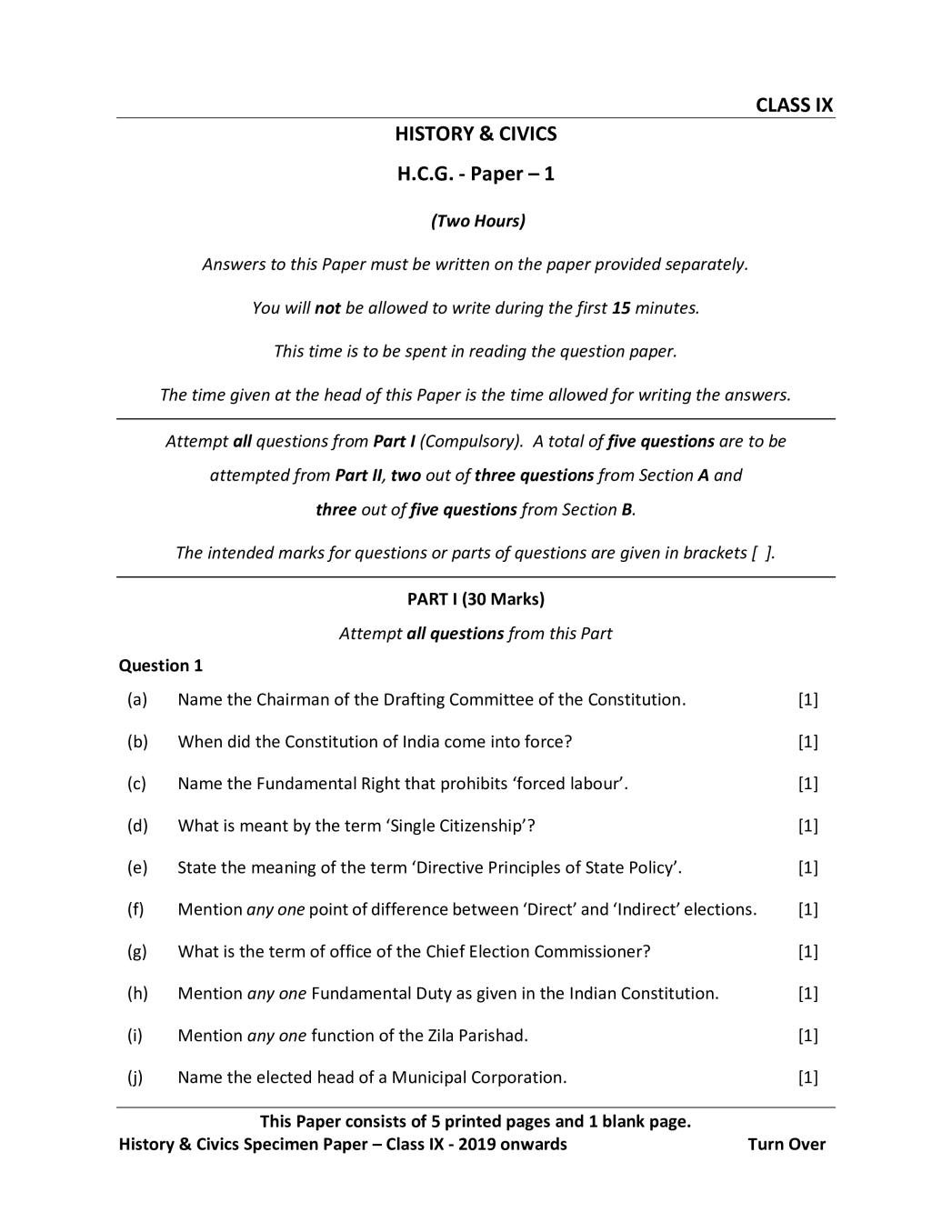 ICSE Class 9 Specimen Paper for History Civics - Page 1