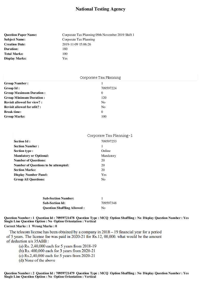 SWAYAM 2019 Question Paper Corporate Tax Planning - Page 1 of 7