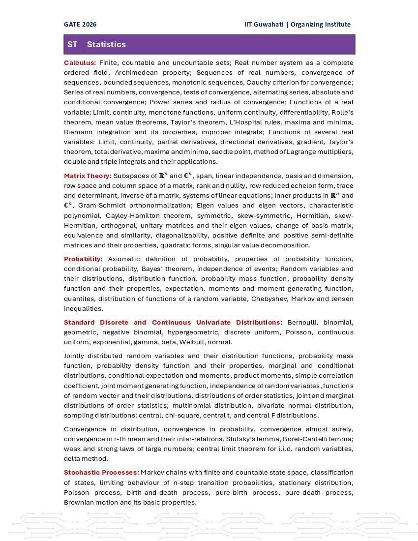 GATE 2026 Syllabus for ST - Page 1