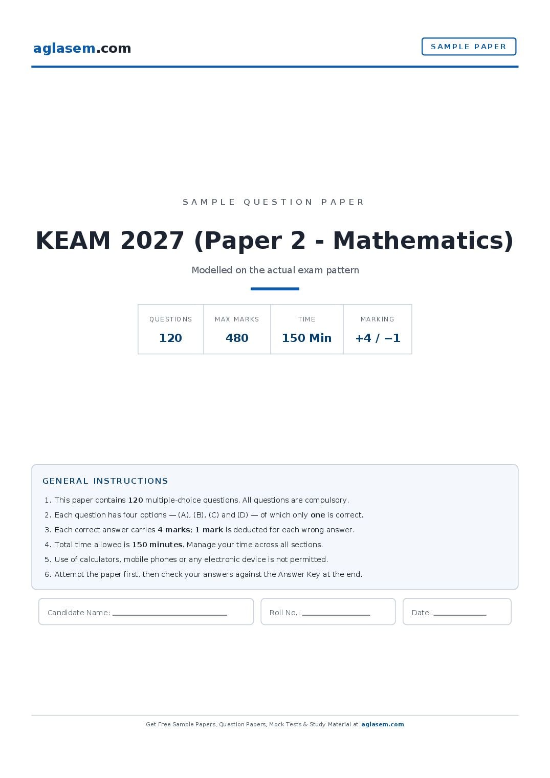 KEAM 2027 Sample Paper (Paper 2 - Mathematics) - Page 1 of 34