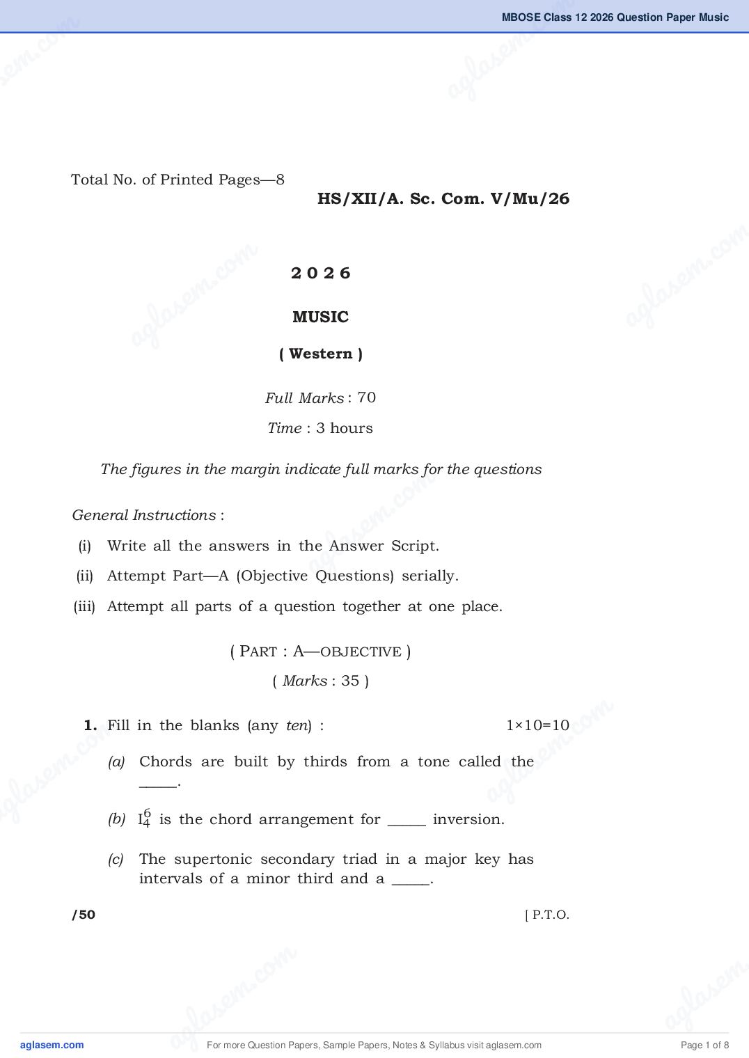 MBOSE Class 12 Music Western Question Paper 2026 PDF – Download Meghalaya Board Previous Year Papers