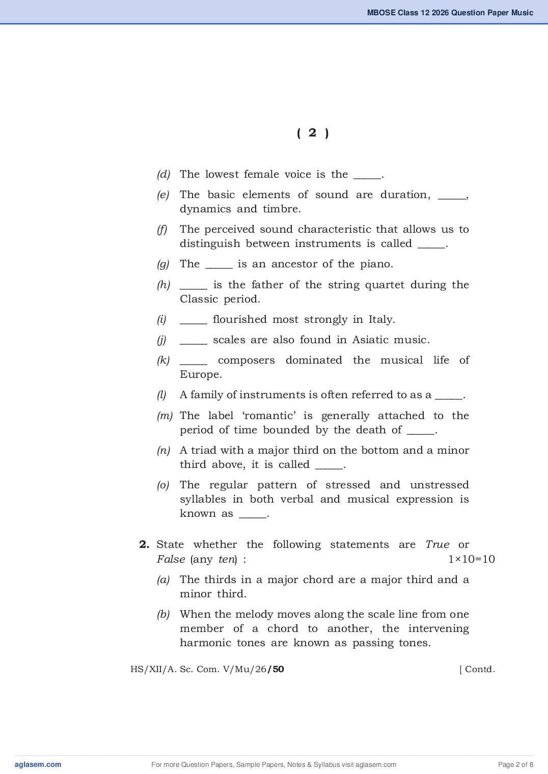 MBOSE Class 12 Music Western Question Paper 2026 PDF – Download Meghalaya Board Previous Year Papers