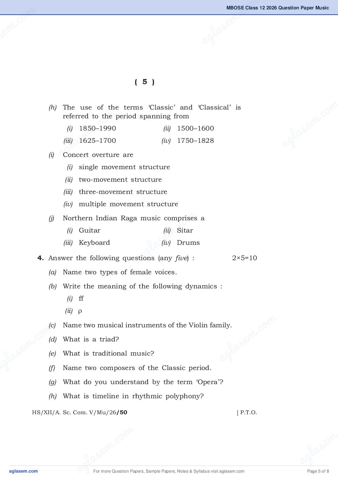 MBOSE Class 12 Music Western Question Paper 2026 PDF – Download Meghalaya Board Previous Year Papers