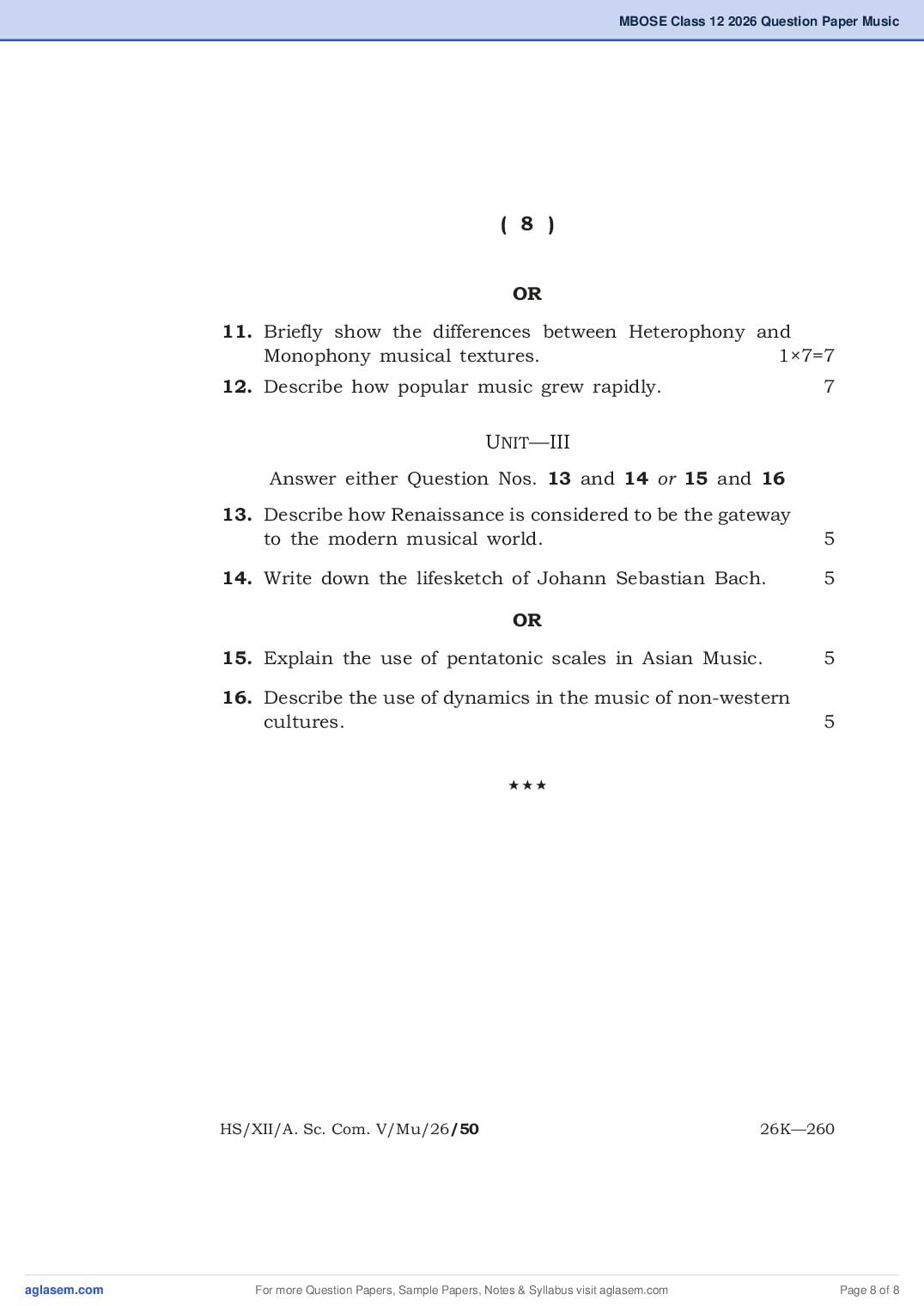 MBOSE Class 12 Music Western Question Paper 2026 PDF – Download Meghalaya Board Previous Year Papers
