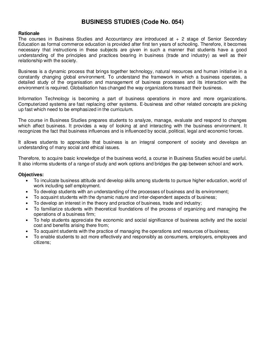CBSE Class 11 Business Studies Syllabus 2020-21 - Page 1