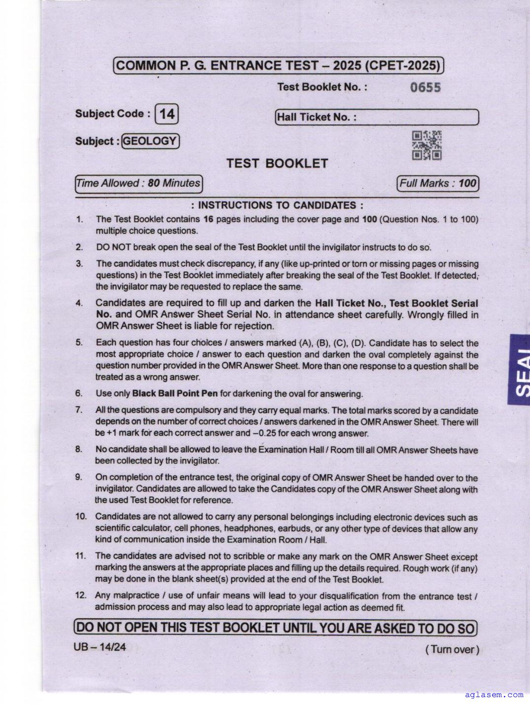 Odisha CPET 2025 Question Paper Geology - Page 1 of 16