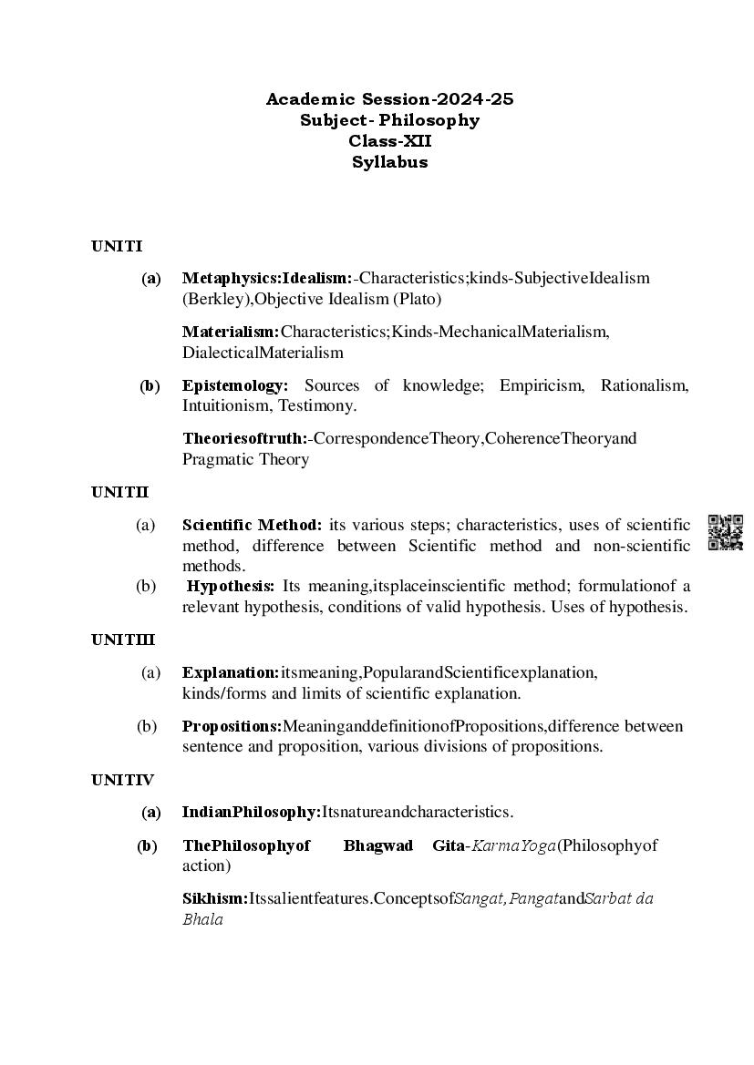 PSEB Class 12 Philosophy Syllabus (PDF)