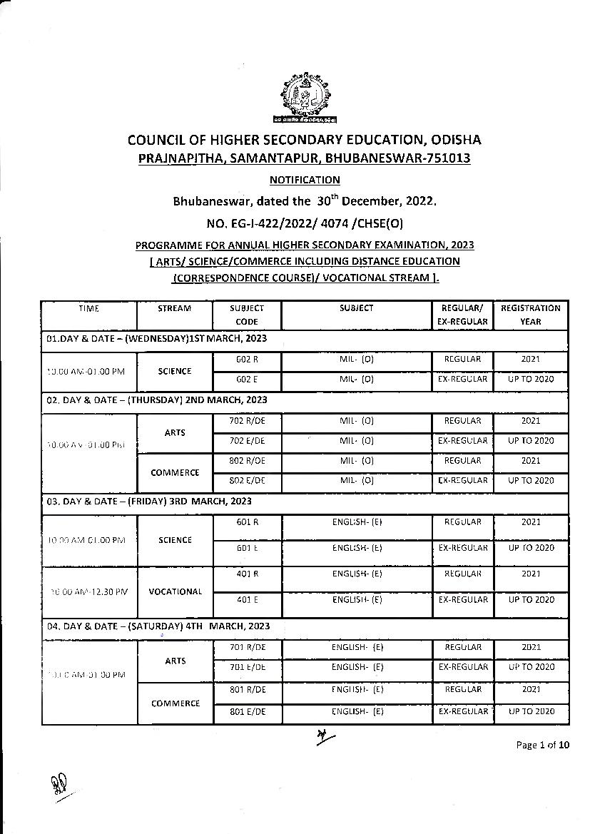 Odisha 12th Time Table 2023 - Page 1