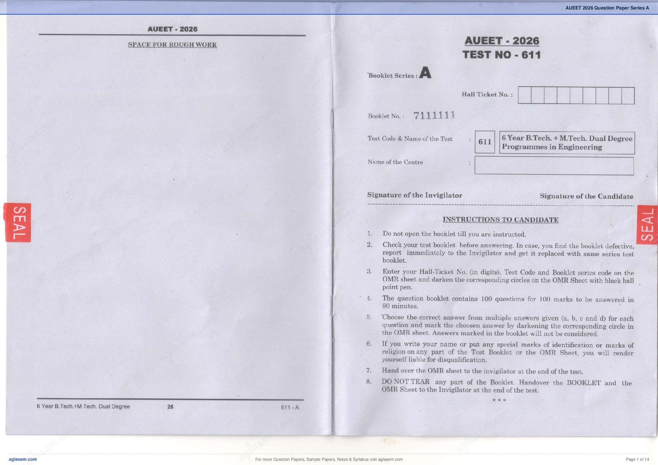 AUEET 2026 Question Paper PDF with Answer Key (A and B Series)