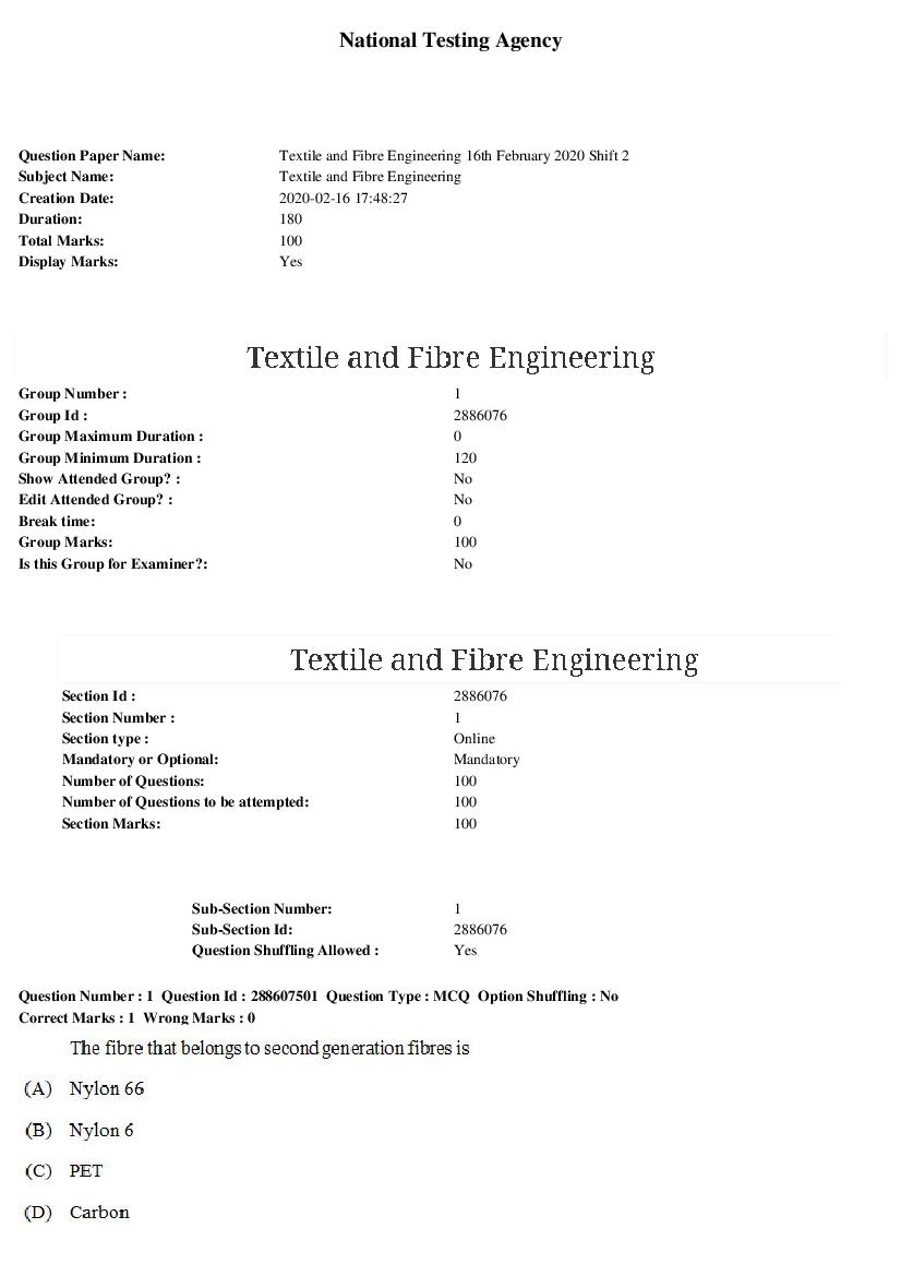 ARPIT 2020 Question Paper for Textile and Fibre Engineering Shift 2 - Page 1 of 52