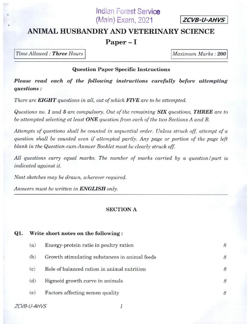 UPSC IFS 2021 Question Paper for Animal Husbandry and Veterinary Science Paper I  - Page 1