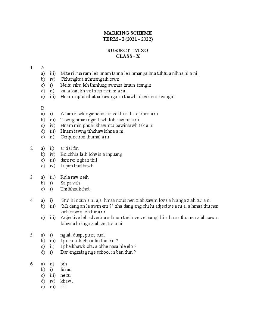 CBSE Class 10 Marking Scheme 2022 for Mizo - Page 1