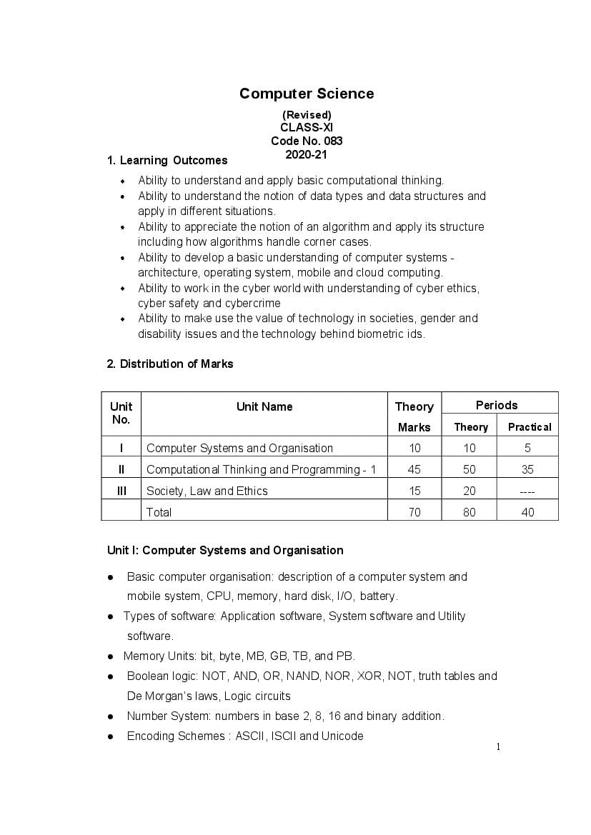 CBSE Class 11 Computer Science Syllabus 2020-21 - Page 1
