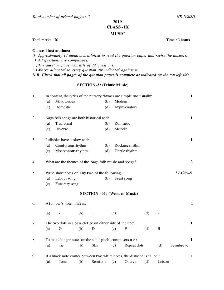 NBSE Class 9 Question Paper 2019 Music - Page 1