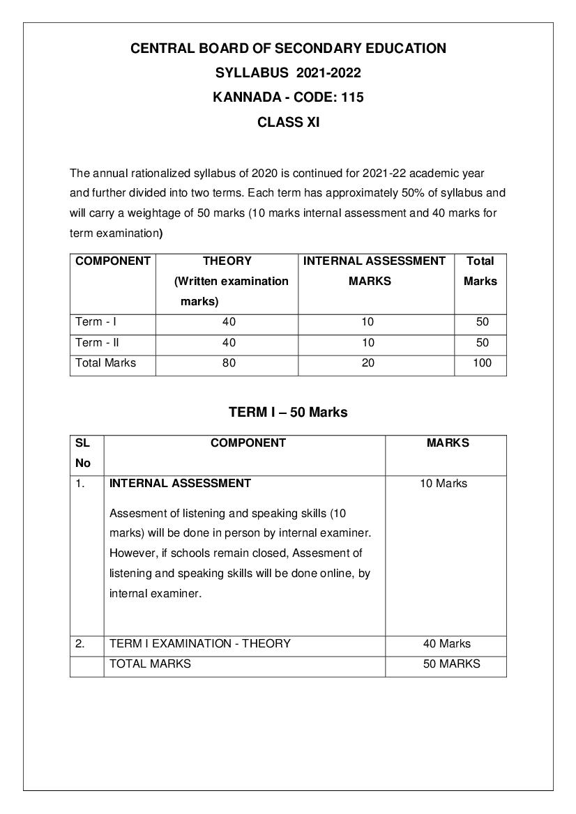CBSE Class 12 Term Wise Syllabus 2021-22 Kannada - Page 1