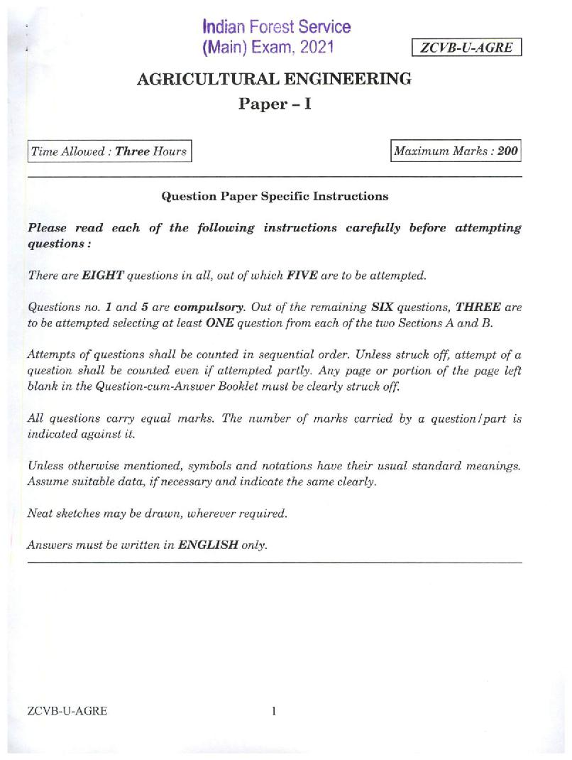UPSC IFS 2021 Question Paper for Agricultural Engineering Paper I  - Page 1
