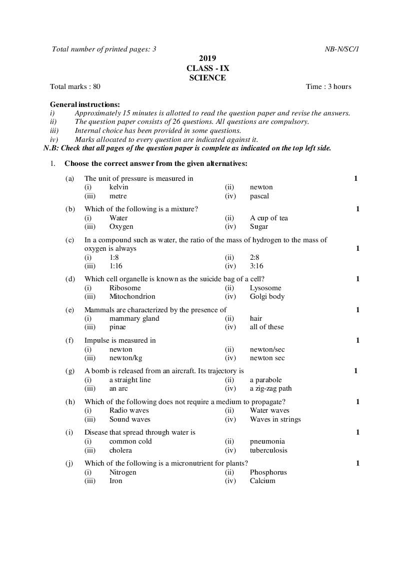 NBSE Class 9 Question Paper 2019 Science - Page 1