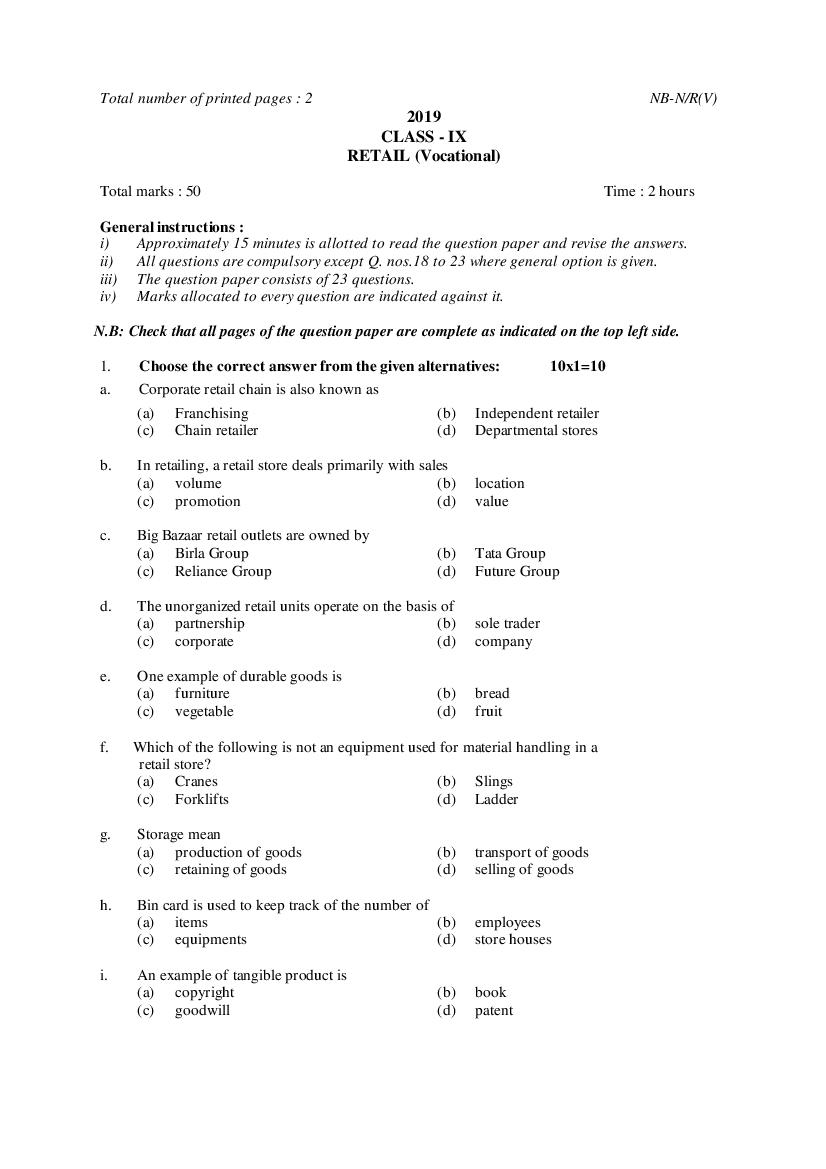 NBSE Class 9 Question Paper 2019 Retail - Page 1