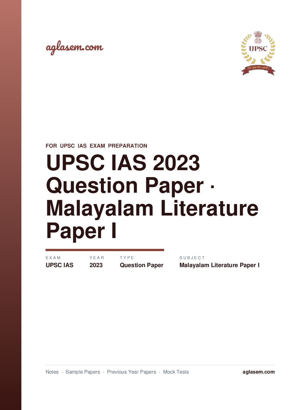 UPSC IAS 2023 Question Paper for Malayalam Literature Paper I - Page 1 of 7
