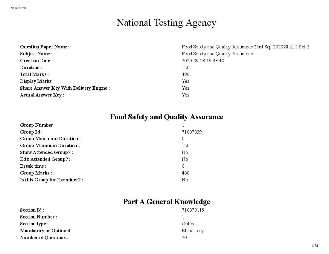 AICE JRF SRF 2020 Question Paper Food Safety and Quality Assurance - Page 1