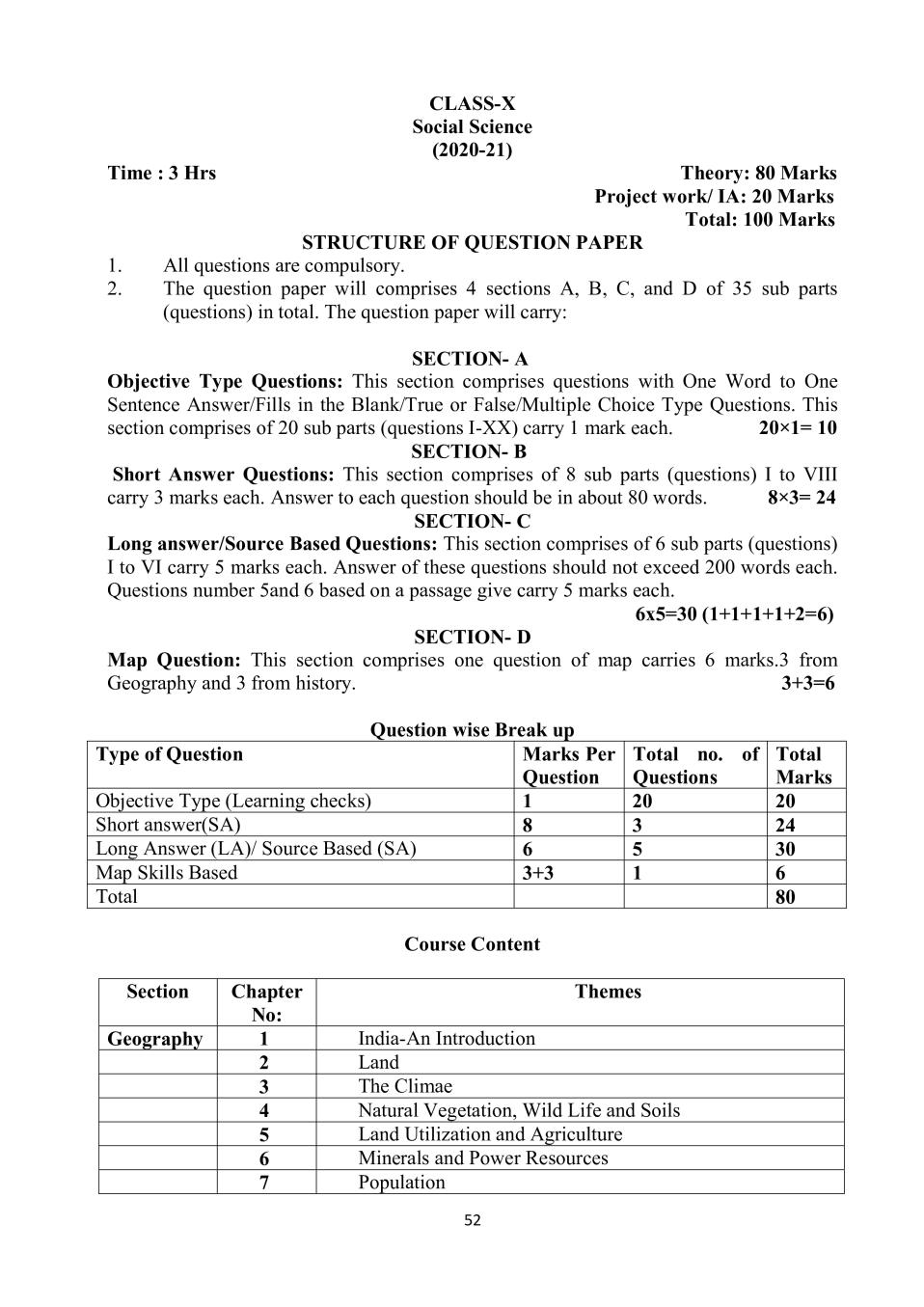 PSEB Syllabus 2020-21 for Class 10 Social Science - Page 1