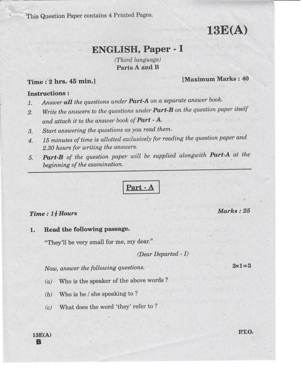 AP 10th Class Question Paper 2019 English - Paper 1 (3rd Language) - Page 1