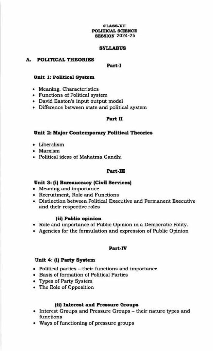 PSEB 12th Class Syllabus 2025 Political Science - Page 1