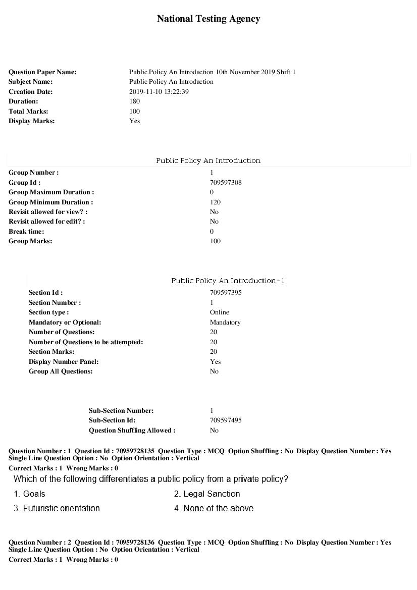 SWAYAM 2019 Question Paper Public Policy An Introduction - Page 1