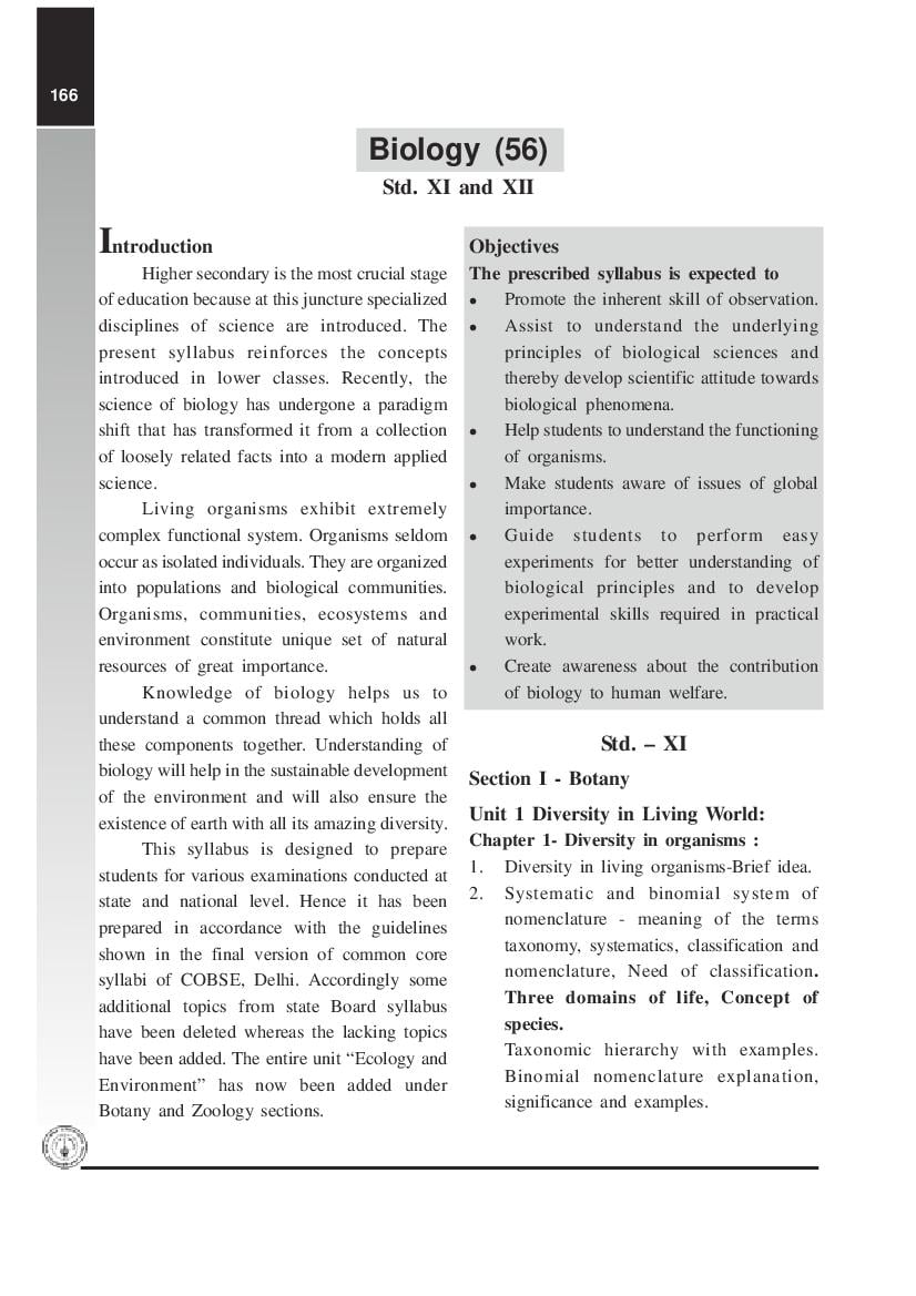 Maharashtra HSC Syllabus 2022 Biology - Page 1