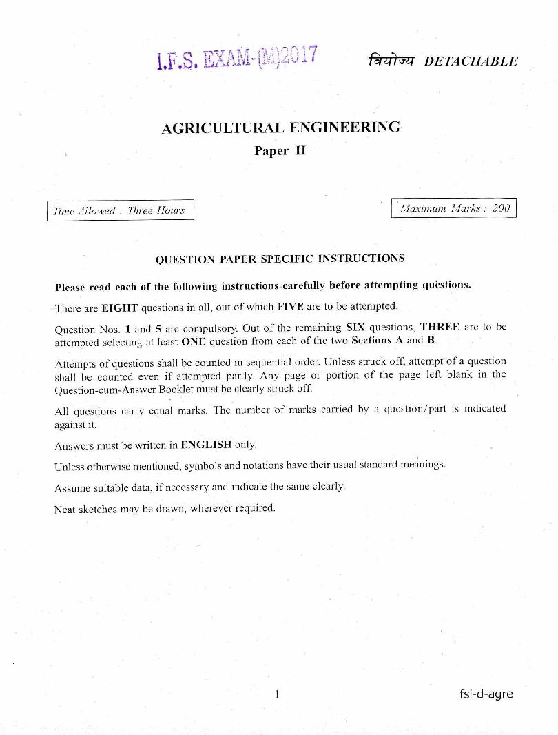UPSC IFS 2017 Question Paper for Agriculture Engineering Paper-II - Page 1