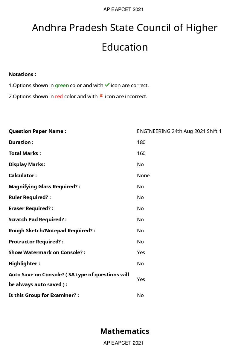 AP EAPCET 2021 Question Paper with Answer Key Engineering 24 Aug Shift FN - Page 1 of 104