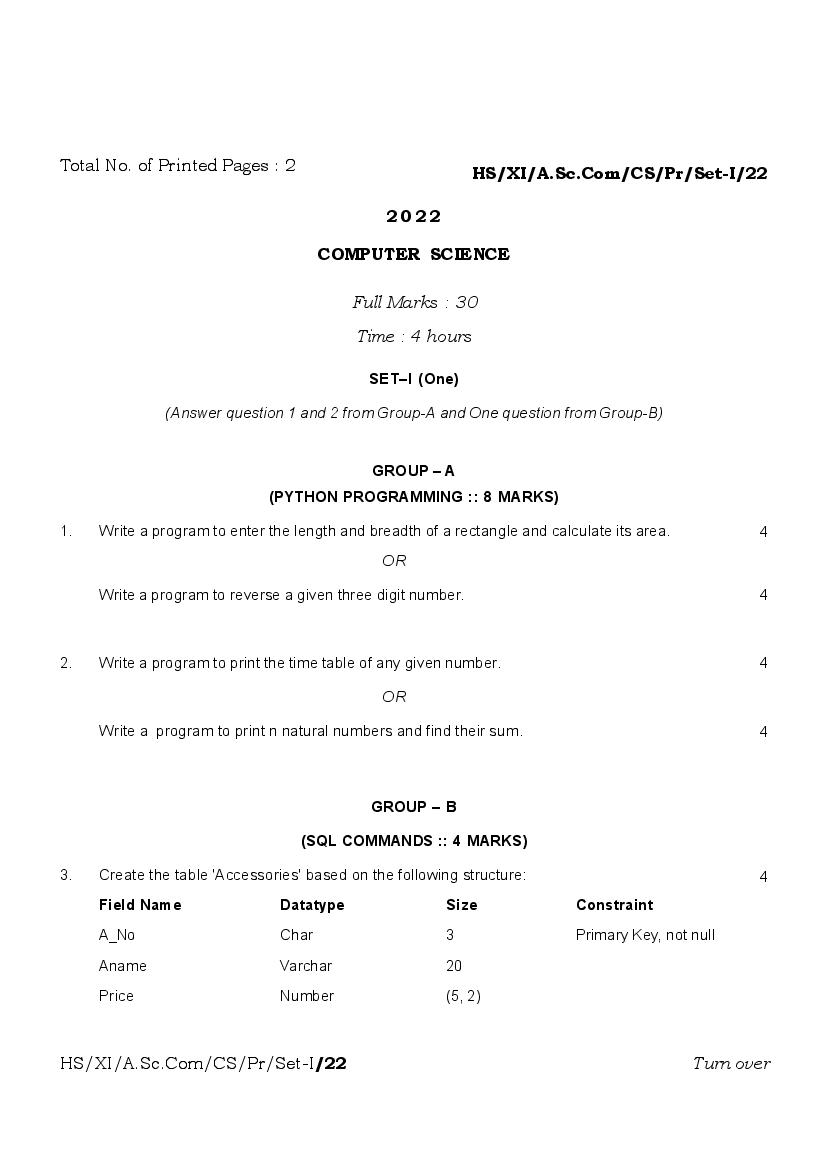 MBOSE Class 11 Question Paper 2022 for Computer Science (Practical) - Page 1