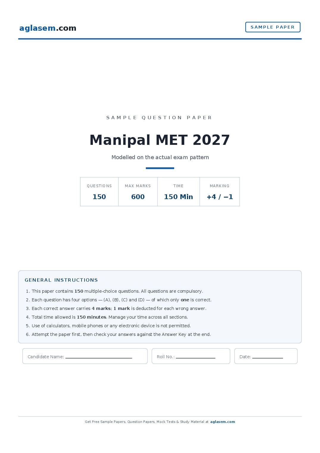 Manipal MET 2027 Sample Paper - Page 1 of 19