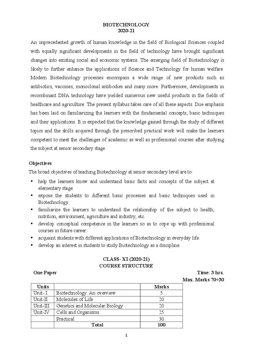 CBSE Class 11 Biotechnology Syllabus 2020-21 - Page 1