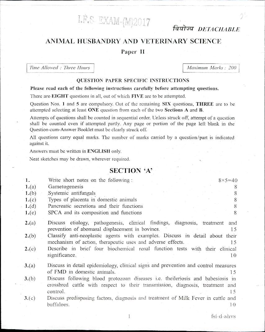 UPSC IFS 2017 Question Paper for Animal Husbandry and Veterinary Science Paper-II - Page 1