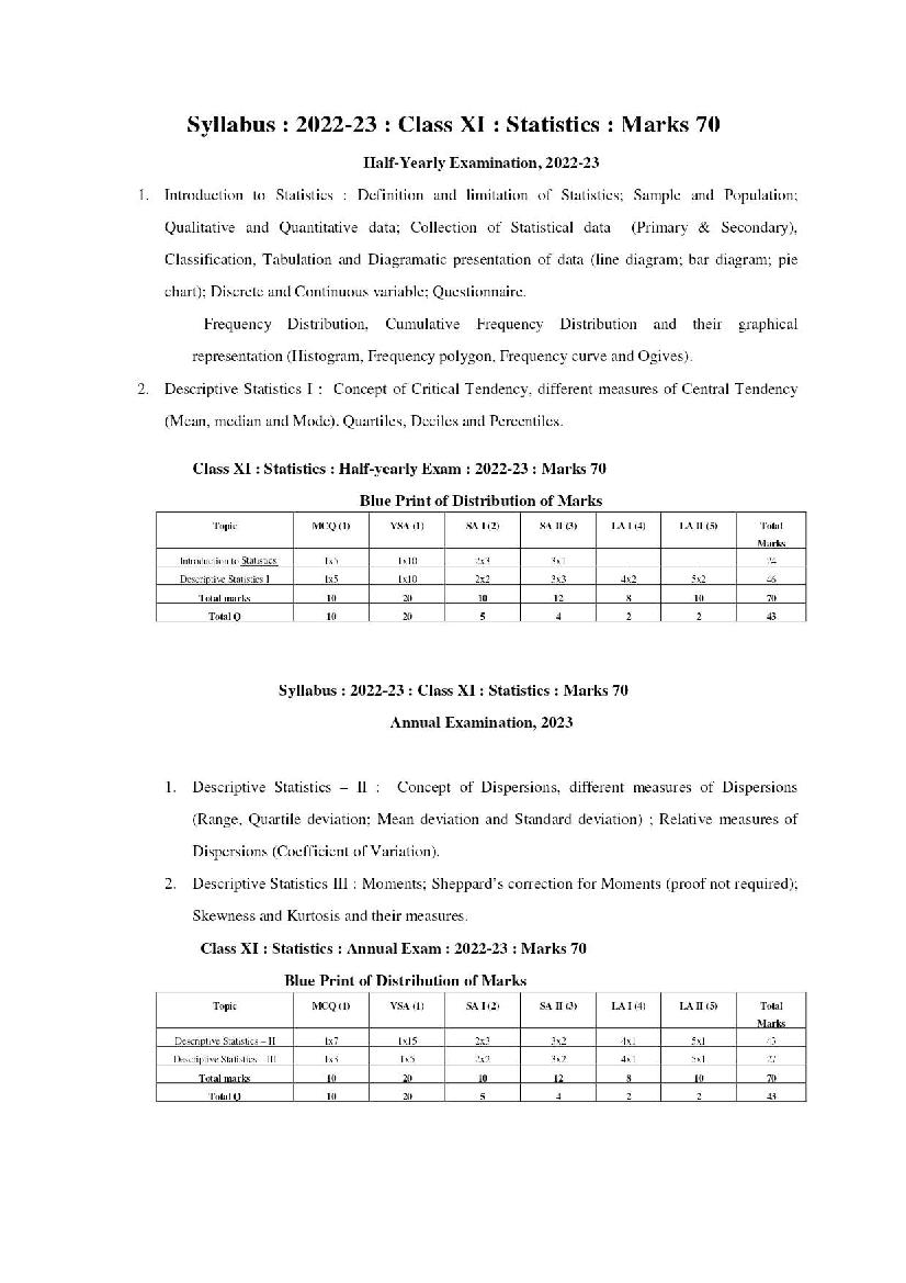 TBSE Class 11 Syllabus 2023 Statistics - Page 1